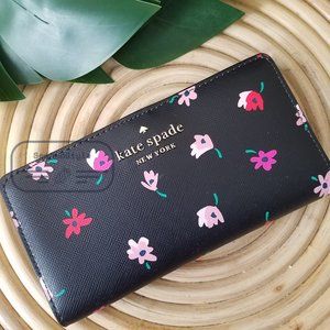 Kate Spade NWT Kate Spa Staci Ditsy Buds Large Slim Bifold Wallet in Black